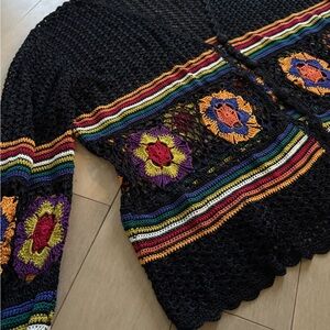 Vintage Chico's Black Crochet Cardigan with Rainbow Stripes and Floral Squares